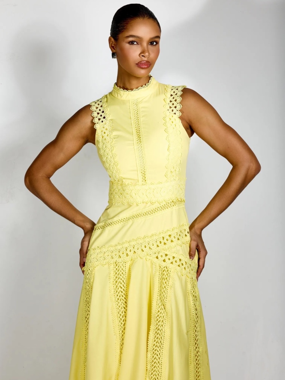 Sunfere Diana Embroidered Lace Sleeveless Midi Dress Yellow NWT